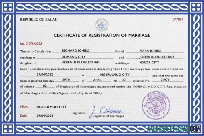 Imprimível modelo PSD de certidão de casamento de Palau